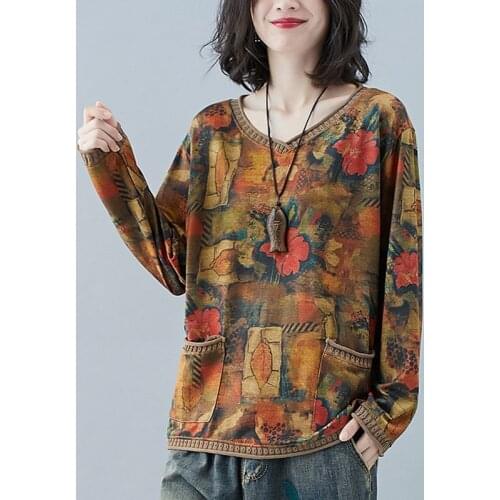 Women Vintage Print Casual T-shirts New 2020 Autumn Korean Style V-neck Floral Print Loose Comfortable Female Tops Tees S2572