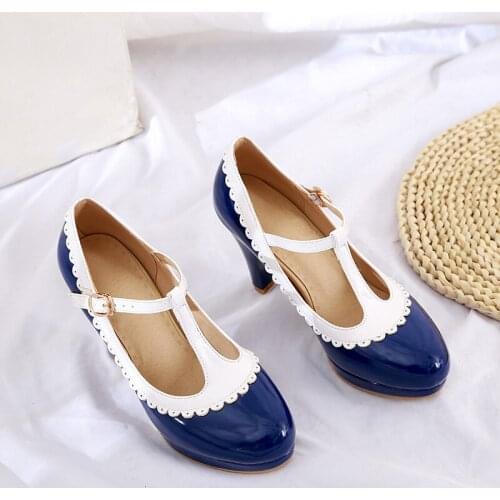 YMECHIC Lolita Style Girls Shallow Lace Pumps 9.5cm Spike Heel Autumn 2021 T-strap Glossy Patent Leather Office Shoes Size 34-45