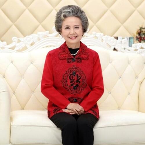 2019 China Red New Autumn Winter Mom Loose Wool Coat Elderly Clothes Grandma Thick Women Knitting Sweater Cotton Jacket PL23