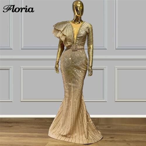 Champagne Saudi Arabia Long Evening Dresses 2020 Islamic Arabic Dubai Wedding Prom Dress Robe De Soiree Formal Party Gowns Aibye