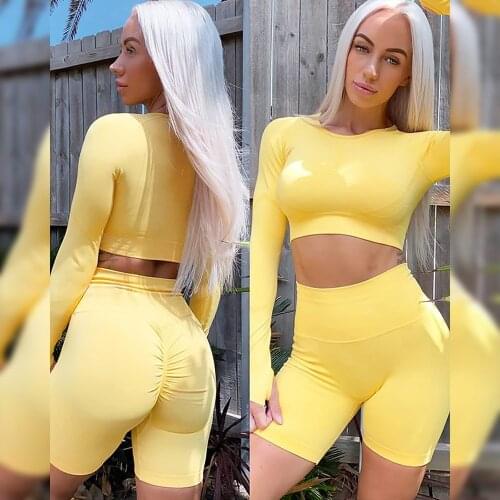 2021 Newest Design Custom Solid Color Long Sleeve Ladies Fitness Shorts Sets Active Wear Sports Yoga Suit