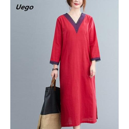 Uego Long Sleeve Autumn Dress V-neck Embroidery Vintage Dress Plus Size Loose Women Dress Female Spring Casual Midi Dress Robe