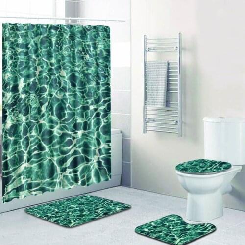 4pcs/set Water Pattern Printed Shower Curtain Pedestal Rug Lid Toilet Cover Mat Bath Mat Set Bathroom Curtains with 12 Hooks