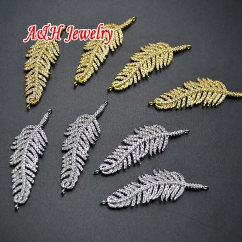 5pcs DIY Findings Connector High Quality Full Zircon Stone Beads Setting On Copper Gold Silver Plated Feather Pendants