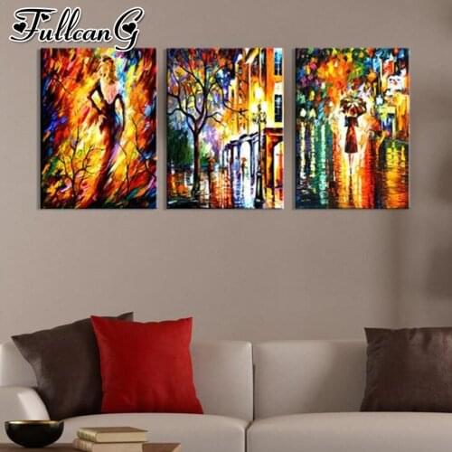 FULLCANG 5d diy diamond embroidery abstract landscape people diamond painting triptych full square round drill wall decor FC1997