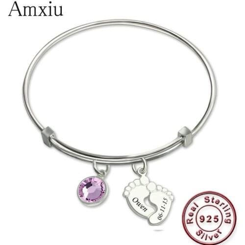 Amxiu Personalized 925 Sterling Silver Bangle Customize Mom Baby Bangles Anklets Engrave Two Names with Birthstone Jewelry Women