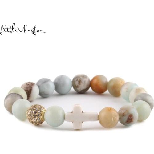 Cross charm Bracelet mala Yoga wrist game CZ Ball Charm 10mm Amazonite natural stone Beads Bracelets For mens jewelry