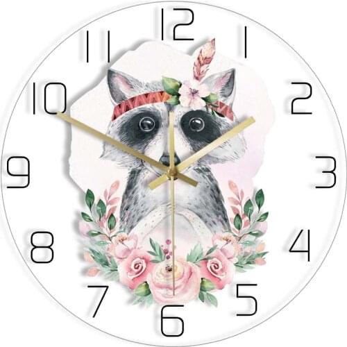 Baby Raccoon Woodland Animal Art Silent Quartz Wall Clock For Kids Room Maine Coon Decorative Colorful Draw Printed Wall Clock
