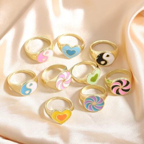 Vedawas Aesthetic Colorful Chunky Funky Hyperbole Y2K Enamel YingYang Tai Chi Finger Rings for Women Girl Oil Drip Heart Rings