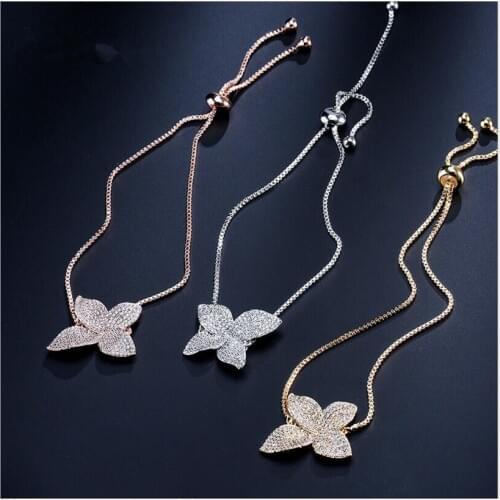 Exquisite Gold Color 4 Petal Micro Paved Elegant Chain Bracelets&Bangles For Women Shiny Big Flower Adjustable BraceletesBP2016