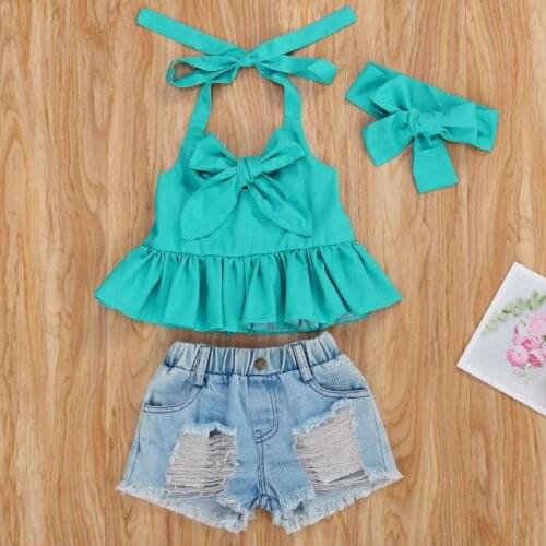 Summer Toddler Kids Girls Clothes Halter Bowknot Ruffle Tank Top + Denim Ripped Shorts + Headband 3 Piece Outfits Sets