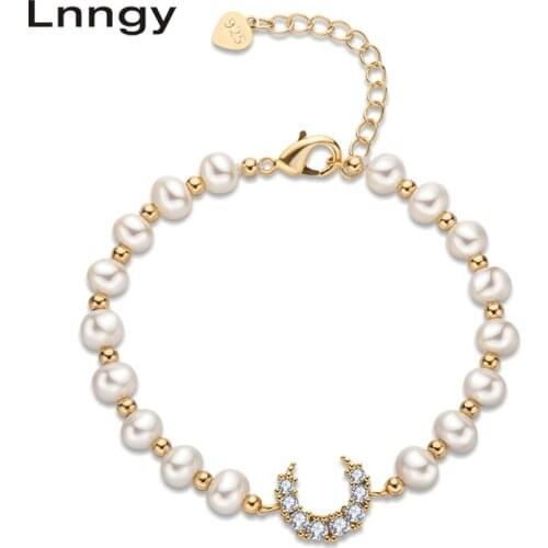 Lnngy 14K Gold Filled Bracelet 6-7mm Natural Cultured Freshwater Charm Pearl Moon Charm Bracelet Women Anniversary Jewelry Gifts