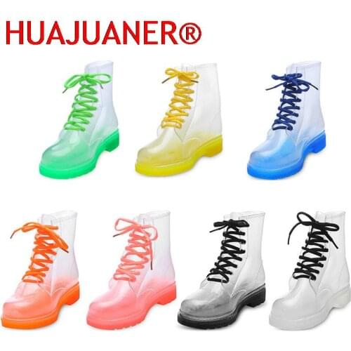 Fashion Women Rain Boots Mature Ladies Lace-up Waterproof Ladies Shoes Transparent Candy Color Soles Outdoor Girl Shoes