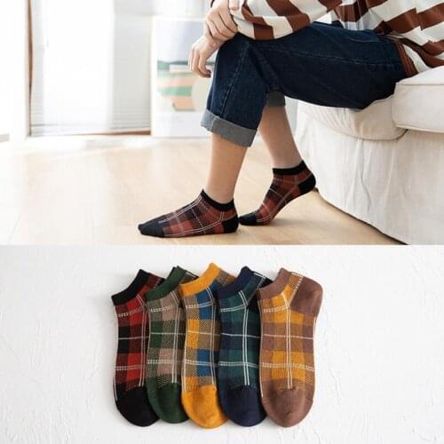 Men Cotton Plaid Ankle Socks Fashion Checks Print Crew Sock Boys Summer Sport Socks Black Red Checked Ankle Socks