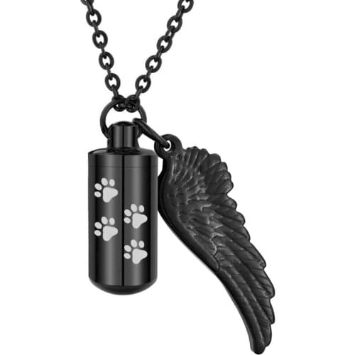 Men Fashion Black Gun Stainless Steel Cylinder Paw Jewelry Urn Holder Pendant Angel Wing Charm Cremation Memorial Pet Necklace