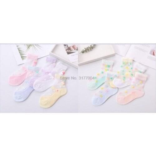DHL 100set 5pair/set Spring Summer Kids Lace Crystal Socks Ultra-thin Breathable Girls Fruit Print Baby Socks