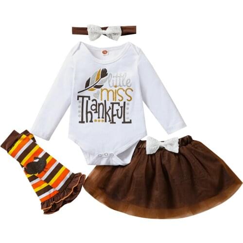Citgeett Autumn Thanksgiving Day Baby Girls Suit Set Letter Print Long Sleeve Romper+ Skirt+ Striped Leg Warmer+ Headband Set