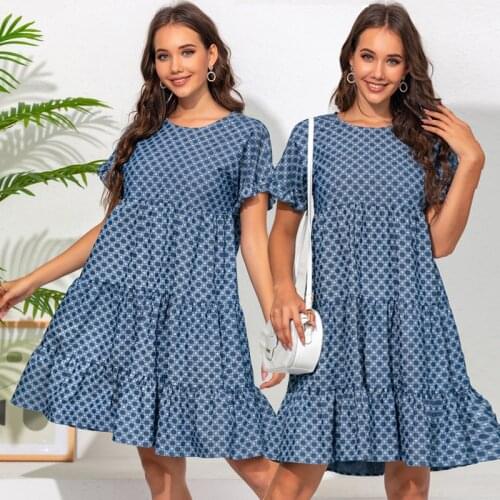 Polka Dot Maxi Ruched Dress Women Loose Short Sleeve O Neck Knee Dresses Summer Beach Pleated Sundress Ladies Boho Clothings