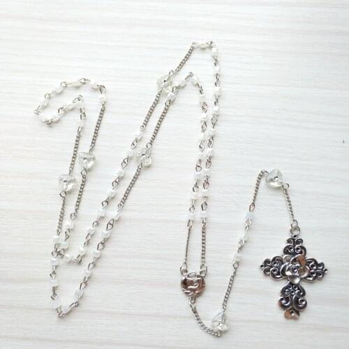 QIGO Metal Rose Cross Pendant White Square Crystal Beads Strand Long Necklace For Women