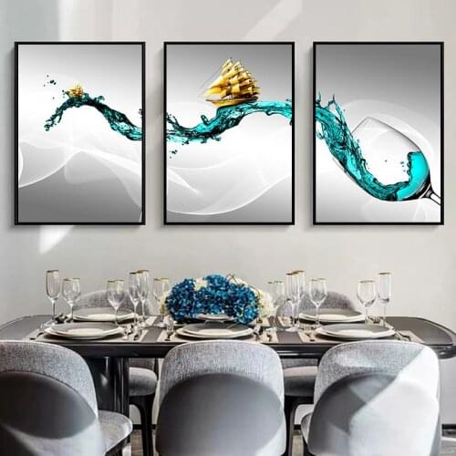 Modern Abstract Golden Ship Canvas Painting Wine Glass Blue River Water Poster Home Decor Nordic Posters Kitchen Home Design