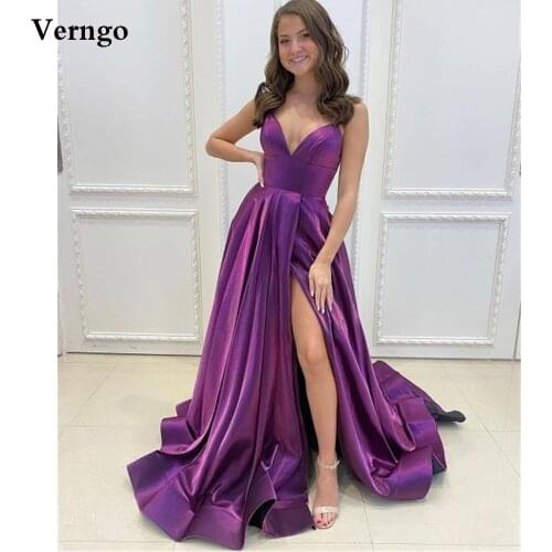 Verngo Dark Purple Bright Satin Long Evening Dresses Spaghetti Straps Slit Fashion Prom Gowns Plus Size Formal Dress