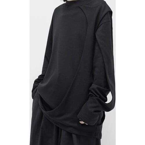 Large lovers wear Yamamoto style niche design irregular Long Sleeve Black T-Shirt womens loose round neck bottoming shirt