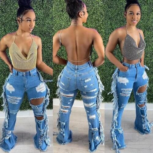 Women Jeans Mid Waist Zipper Fly Ripped Full Length Flare Pants Female Fashion High Street Jeans Summer Trousers