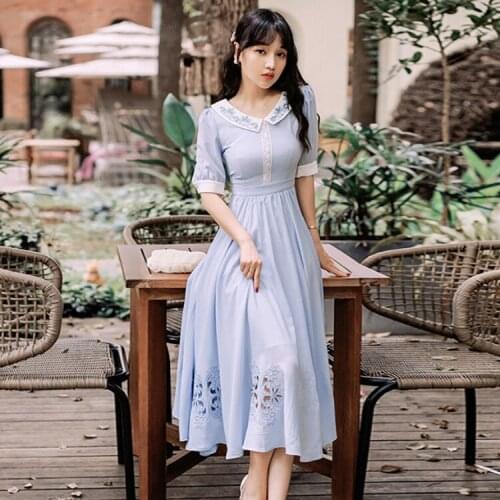2021 Summer New Arrival Hot Sale Retro Peter Pan Collar Flower Embroidery Short Sleeve Women Chiffon Long Dress BC959