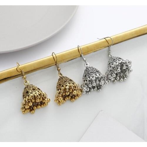 2021 Womens Indian Jhumka Jewelry Ethnic Retro Bollywood Oxidized Small Bell Tassel Silver Color Carved Jhumki Dangle Earrings