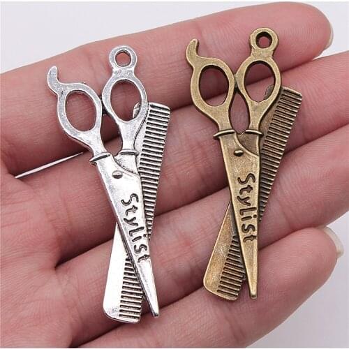 6pcs 24x53mm Antique Silver Color Antique Bronze Pendant Scissor Comb Pendants Stylist Comb Scissor Charm Scissor Comb
