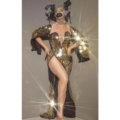 Flashing Gold Sequin Long Dress Birthday Celebrate Outfit Women Dancer Singer Bar Show Evening Wear Prom Party Clothes