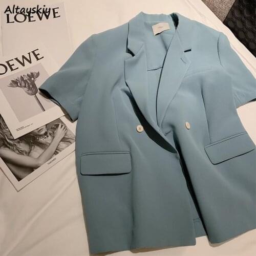 Blazers Women New Casual Blue Elegant Lady Short Sleeve Loose Button Tender Gentle Summer England Style Ulzzang Female Clothing