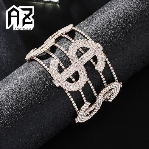AZ Hip Hop Gold Silver Color 5 Rows Dollar Sign Iced Out Bracelet for Women Men Rapper’s Hand Chain Jewelry Gift Free Shipping