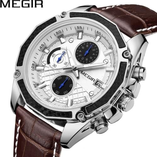 MEGIR Military Sports Casual Watch Men Watches 2019 Top Luxury Brand Leather Strap Quartz Clock Waterproof Relogio Masculino