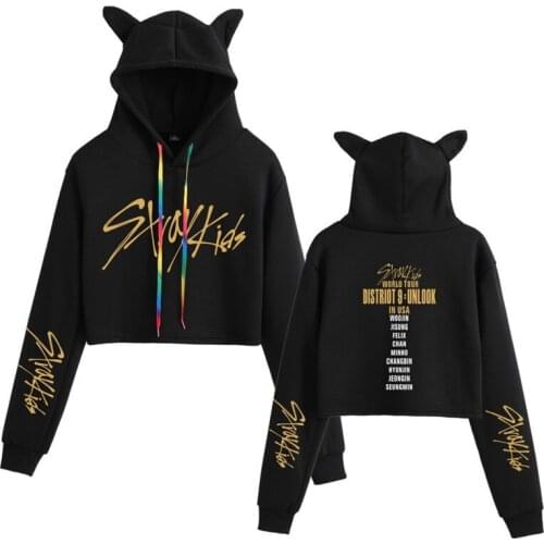 Stray Kids Hoodie Kpop Korean Hoodies Women Sweatshirts Casual Stray Kids Letter Printed Hoodie Crop Top Kawaii Cat Ear Pullover