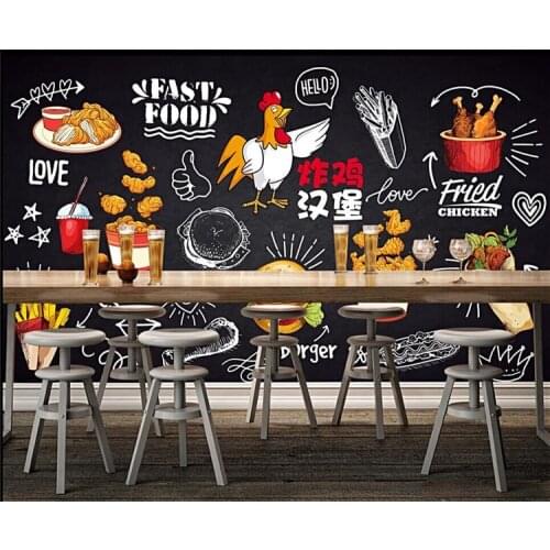 Blackboard hand drawn fried chicken burger catering gourmet fast food fries background wall professional production wallpaper mu