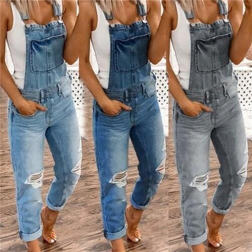 Denim Jumpsuit Women Slim Fit Pants Casual Fashion Suspenders Printed Overalls Ladies Ripped Jeans Washed Streetwear