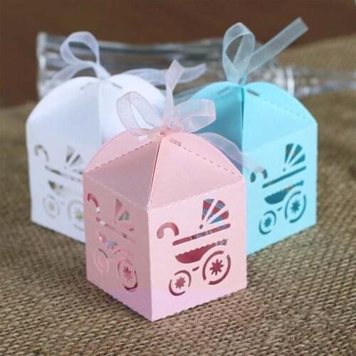 Hot 10pcs Ribbons Included Carton Wedding Candy Box Baby Trolley Laser Cute Gift Boxes Party Favors Casamento