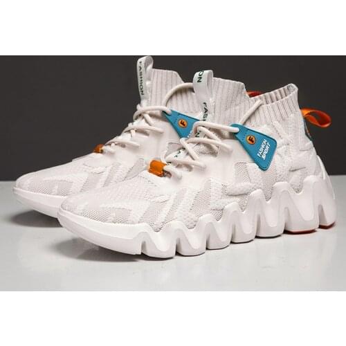 Fashion White High Wave Shoes Men Outdoor Lightweight Platform Shoes Casual Men Breathable Kint Lace-up Men Sock Sneakers Homme