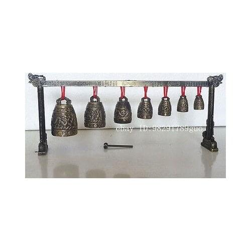 Meditation Gong with 7 Ornate Bell with Dragon Design Musical Instrument Garden Decoration 100% real Tibetan Silver Brass