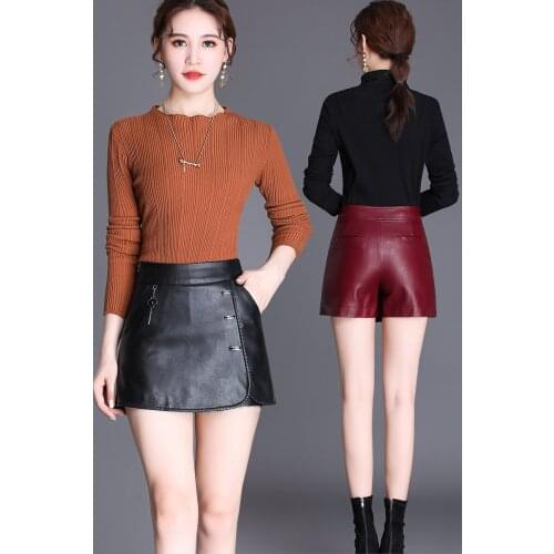 2020 new high waist thin a-line oversize shorts autumn and winter leather skirt pu leather shorts