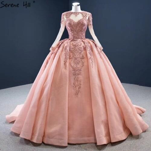 Peach High-end Crystal Beading O-Neck Wedding Dresses 2021 Long Sleeves Lace Up Bride Gowns HM67160 Custom Made