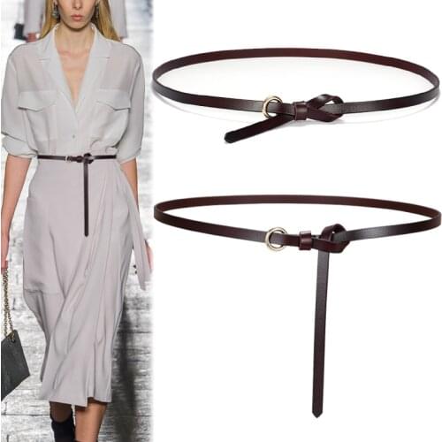 Simple Knotted Belts for Women Genuine leather thin strap belt dress jean gold no pin circle buckle waistbands soft cowskin girl