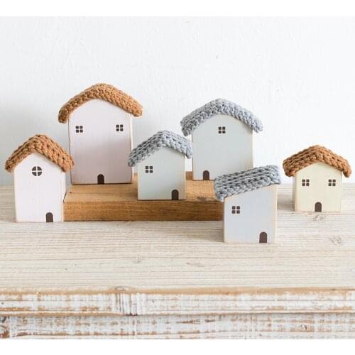 Nordic Wooden House Ornaments Home Decoration Wood Architecture with Woven Proof Cute Desk Miniature Craft Work Nursery Decor