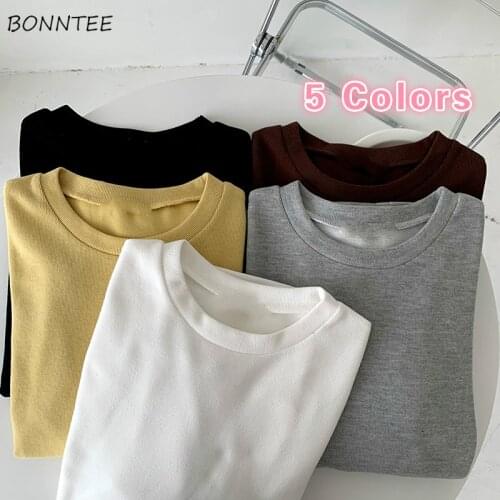 Women Long Sleeve T-shirts Spring Autumn Loose O-neck All-match Basic Simple Solid Streetwear Ulzzang Soft Leisure Fashion Chic