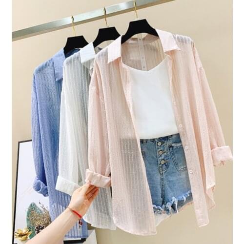 2021 New Women Casual Summer Thin Chiffon Sun Protection Shirts Korean Female Solid Color Long Sleeve Cardigan Shirt Tops L115