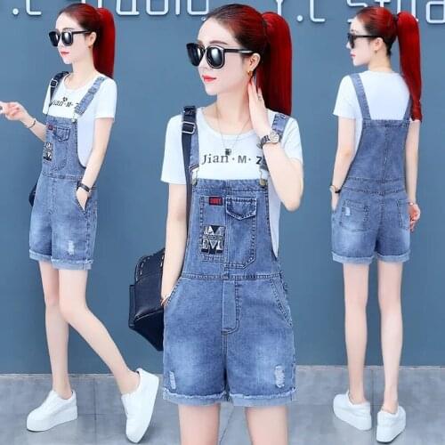 2021 Womens Jeans Suspender Denim Flanging Blue Denim Shorts Female Siames Hot Student Jean Short Strap Dress/Playsuits 474