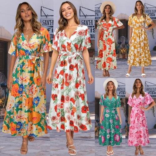 Summer Dress Womens V-Neck Floral Print Long Dress Female Swing Dresses For Woman Vestidos Femme Robes Womens Clothing 2021