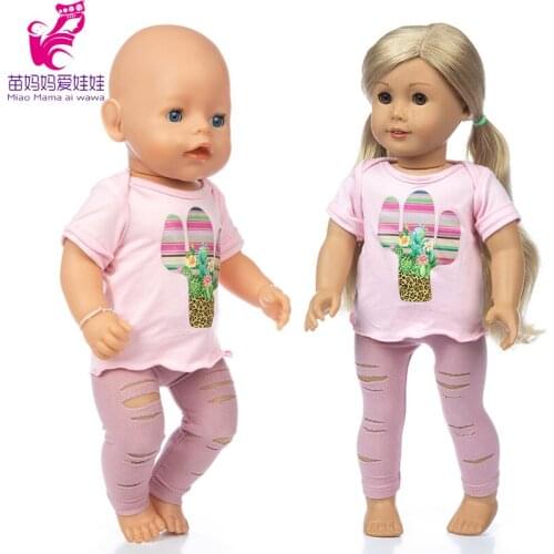18-inch girl doll clothes pink shirt ripped tights pants 40cm baby doll t-shirt