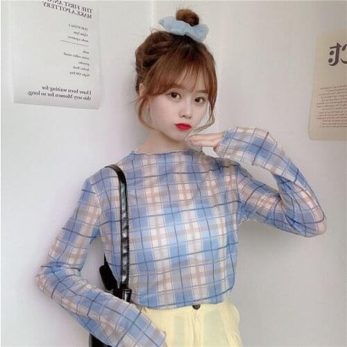 2020 Xuan Yafeng Girl Plaid Printed Mesh Bottoming Shirt Female Summer Sunscreen Long Sleeves With Thin Tops